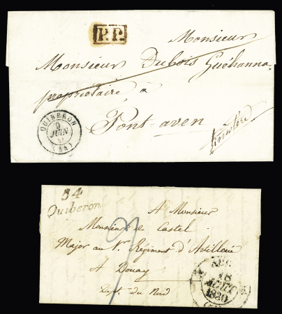 Quiberon : 2 plis : cursive "54 Quiberon" + T12 Auray (1830 - ind 12) - CAD T15 "Quiberon (54)" (1846 - ind 14). TB