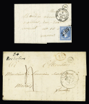 2 lettres : cursive "54 Rochefort" + T13 Vannes (1839) + boite rurale "H" (Le Buissais) (ind 11) et n°22 OBL GC 3169 + T15 "Rochefort-en-Terre 54" (1865) + boite rurale "A" (St Gravé). TB