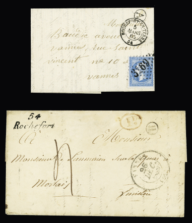 2 lettres : cursive "54 Rochefort" + T13 Vannes (1839) + boite rurale "H" (Le Buissais) (ind 11) et n°22 OBL GC 3169 + T15 "Rochefort-en-Terre 54" (1865) + boite rurale "A" (St Gravé). TB