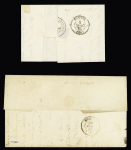 2 lettres : cursive "54 Rochefort" + T13 Vannes (1839) + boite rurale "H" (Le Buissais) (ind 11) et n°22 OBL GC 3169 + T15 "Rochefort-en-Terre 54" (1865) + boite rurale "A" (St Gravé). TB