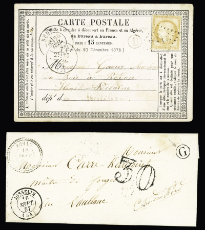 Rohan : LST avec T22 "Rohan (54) + T15 Josselin + taxe 30 double-trait + boite rurale "G" de Bréhan Loudéac - n°55 OBL GC 3186 + T16 "Rohan (54)" (1875) sur carte précurseur. TB