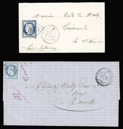 Sainte-Anne d'Auray : 2 lettres : n°60 OBL GC 4780 + T17 "Ste Anne d'Auray 54" (1875) et n°29 OBL GC 4780 + T22 "Ste Anne d'Auray (54)" (1868), ind 12 chacune. TB