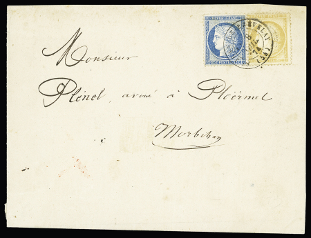 Saint-Jean de Brévelay : n°59 + 60 OBL CAD T17 "St Jean de Brévelay (54)" (1874) sur papier d'affaires. TB