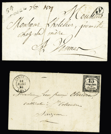 Sarzeau : 2 plis : cursive "54 Sarzeau" + boite rurale "A" de St Gildas de Rhuys et taxe n°3 OBL T15 "Sarzeau (54)" (1864) répété à côté. TB