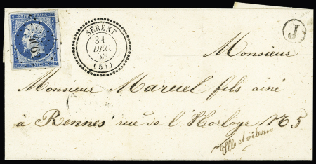 Sérent : n°14 OBL PC 4062 + CAD perlé T22 "Sérent (54)" (1859) + boite rurale "J" de Lizio sur lettre, ind 18. TB