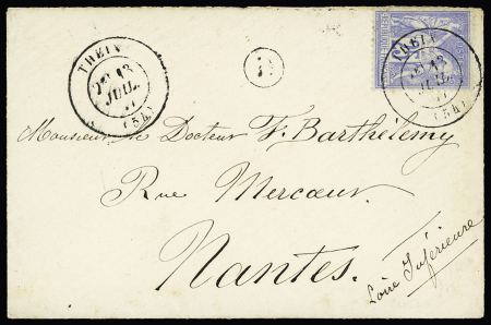 Theix : n°78, 25c Sage, OBL CAD T17 "Theix (54)" (1877) répété à côté + boite rurale "D" sur lettre. TB