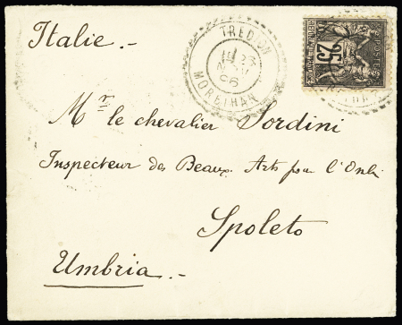 Tredion : n°97, 25c Sage, OBL CAD perlé B2 "Tredion Morbihan" (1896) répété à côté sur lettre pour Spoleto (Umbria Italie). TB