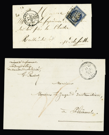La Trinité : 2 plis : n°4 OBL grille + cursive "54 La Trinité" + T15 "Ploermel (54) (1850 - ind 20) et lettre en franchise de juge de Paix avec CAD perlé T22 "La Trinité (54)" (1864). TB