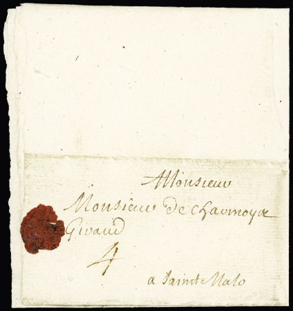 Vannes : Lettre pour Saint-Malo avec taxe 4 sols manuscrite (1676), ind 16. TB