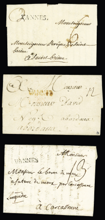 3 marques postales "Vannes" (1752 / 27x3mm noir - ind 14 - 1762 / 24x5mm rouge - L n°6 - ind 15 - 1769 / 28x4mm noir - L n°9 - ind 15). TB