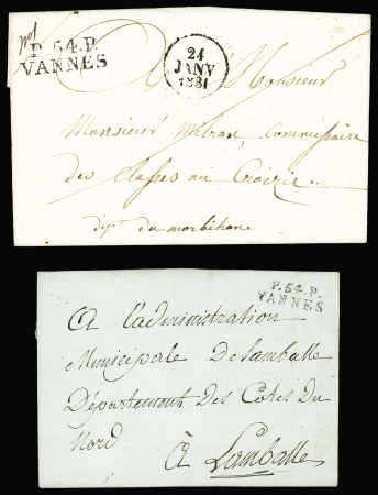 2 MP "P 54 P Vannes" (1798 - 24x8mm - ind 12) et "P 54 P Vannes" + dateur "A" (1831 - ind 14). TB