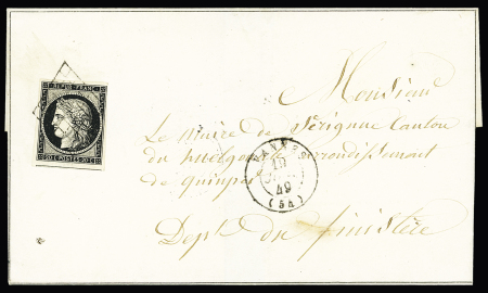 N°3, 20c noir, OBL grille + T15 "Vannes (54)" (1849) sur lettre, ind 13. TB