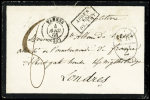 2 plis : env de deuil avec T15 "Vannes (54)" (1868) pour Londres avec taxe manuscrite "8" et marque d'échange "FR 2 F" - LST avec T17 "Vannes (54)" (1877) + taxe 40 double-trait. TB