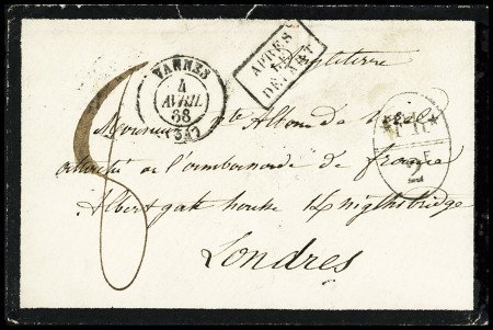 2 plis : env de deuil avec T15 "Vannes (54)" (1868) pour Londres avec taxe manuscrite "8" et marque d'échange "FR 2 F" - LST avec T17 "Vannes (54)" (1877) + taxe 40 double-trait. TB
