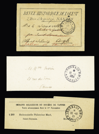 3 plis : étiquette de colis de la revue historique de l'ouest à Nantes avec CAD 2 cercles "Journaux PP Vannes" (1897) et 2 bandes avec CAD 1 cercle "Journaux PP*Vannes*" (1921 et 1954). TB