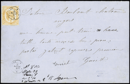 Télégraphe n°7, 1F orange, OBL CAD ondulé "Vannes" (7 aout 1870) répété à côté sur dépêche manuscrite. TB