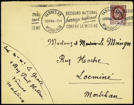 N°517 OBL mec "Vannes RP Morbihan" (18.7.44) avec flamme continue "Secours national barrage national contre la misère". Cette flamme, mise en service en 1944 dans quelques villes, fut retirée du service après le Déb