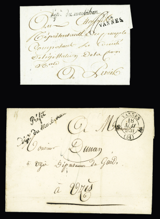 2 plis : MP "54 Vannes" + franchise au tampon "Dept du Morbihan" (An 3) et CAD T12 "Vannes (54)" (1831) + franchise au tampon "Préfet dept du Morbihan". TB