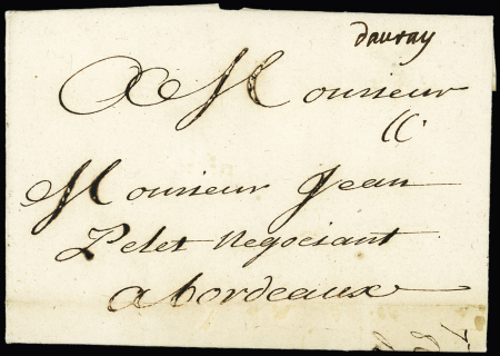 Entrées maritimes : "D'Auray" manuscrit sur pli de saint-Pierre Martinique, ind 21. rare et TB