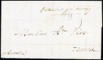 Marque manuscrite "Outremer par Auray" sur lettre de la Réunion pour Nantes avec au recto "PP" noir dans un cercle et au verso CAD noir "St Denis Ile Bourbon" (12 dec 1843) et CAD bleu "St Paul Ile Bourbon" (13 dec 1843