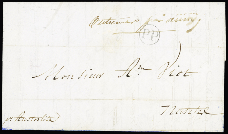 Marque manuscrite "Outremer par Auray" sur lettre de la Réunion pour Nantes avec au recto "PP" noir dans un cercle et au verso CAD noir "St Denis Ile Bourbon" (12 dec 1843) et CAD bleu "St Paul Ile Bourbon" (13 dec 1843
