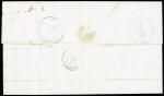 Marque manuscrite "Outremer par Auray" sur lettre de la Réunion pour Nantes avec au recto "PP" noir dans un cercle et au verso CAD noir "St Denis Ile Bourbon" (12 dec 1843) et CAD bleu "St Paul Ile Bourbon" (13 dec 1843