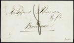 Lettre de Valparaiso (1841) pour Bordeaux avec CAD d'entrée rouge "Outre-Mer Auray" (1842) + taxe 8 manuscrite avec au verso T15 Nantes (2 mars) et T13 Bordeaux (4 mars), ind 20. TB