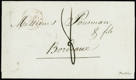 Lettre de Valparaiso (1841) pour Bordeaux avec CAD d'entrée rouge "Outre-Mer Auray" (1842) + taxe 8 manuscrite avec au verso T15 Nantes (2 mars) et T13 Bordeaux (4 mars), ind 20. TB