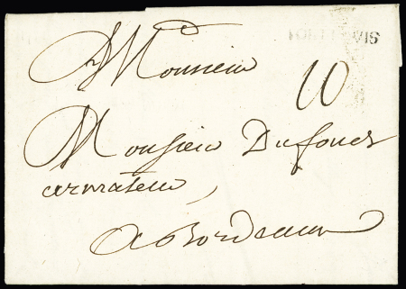 Lettre de la Martinique (1751) pour Bordeaux avec petite MP "Port-Louis" + taxe 10 manuscrite, ind 20