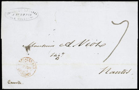 Lettre de Saint Denis Ile Bourbon pour nantes avec CAD d'entrée rouge "Colonies FRA Quiberon" (1856) + taxe manuscrite 7, ind 24. Rare et TB