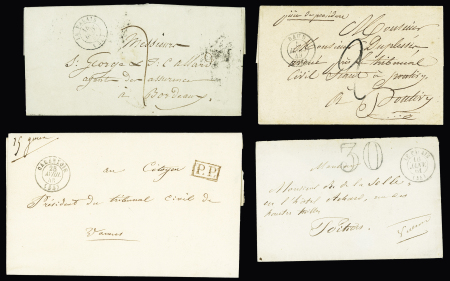 Lot de lettres du Morbihan : 34 plis (entre Baud et Vannes) avec CAD type 12 à 15, la plupart avec taxes diverses. TB. Cote 800€