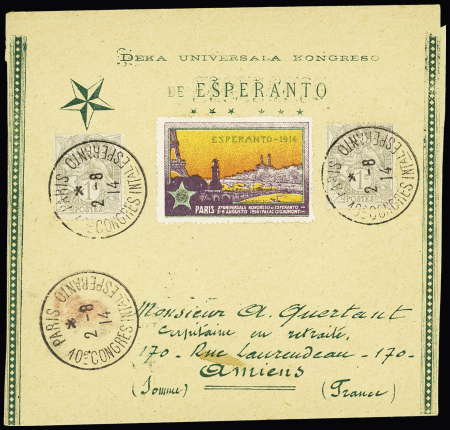 N°107, 1c type Blanc, 2 pièces OBL CAD "Paris 10e congrès Intal Esperanto" (2.8.14) sur bande avec en-tête et vignette du congrès (Le Capitaine Quertant réalisa quelques oblitérations à l'ouverture du congrès le