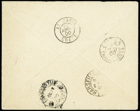 Crète : Levant n°4 en paire OBL CAD perlé "Candie Crète" (1900) répété à côté sur lettre recommandée pour l'Algérie avec au verso transit La Canée et arrivée. Jolie pièce.