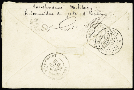 Indochine : Col. Gen. N°23 OBL CAD octogonal "Corr. D. Armées Hatien" (1878) répété à coté sur lettre. TB. Cote 1200€