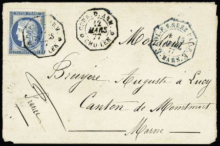 Indochine : Colonies générales n°23 OBL CAD  octogonal "Corr D.Arm Cho-Len" (1877) répété à coté sur lettre. Jolie pièce, cote 2300€