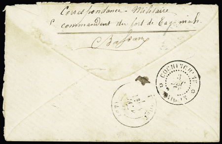 Indochine : Colonies générales n°18 + 22 OBL CAD octogonal bleu "Corr D.Arm Tay Ninh" (1876) sur lettre. Jolie pièce.