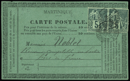 Matinique :  Col Gen n°49 en paire OBL Saint Pierre (1886) sur carte postale précurseur verte pour Fort de France (n°23A). TB. Cote 600€