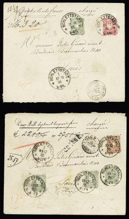 Deux lettres chargées de Sélestat 1885 pour Paris