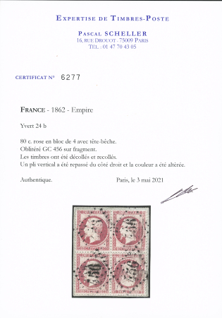 N°24b 80c rose TETE-BECHE dans un bloc de 4 obl.