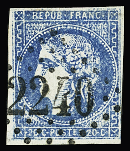 N° 46B 20c bleu FAUX DE MARSEILLE obl. GC 2240 de