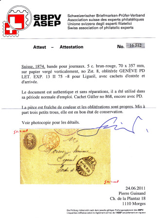 1874 5C Streifband (Zst. Nr.8) entwertet mit Genfer