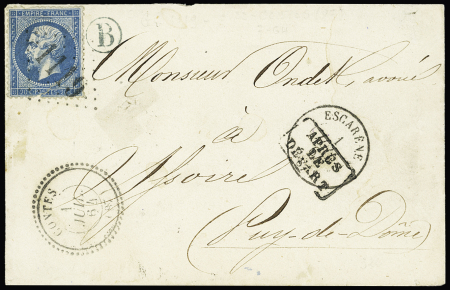 N°22 OBL GC 1119 + CAD perlé "Contes (87)" (1864) pour Issoire (Puy de Dôme) avec CAD de transit T16 Escarene et boite rurale "B" bleue. TB