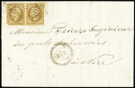 N°13 en paire OBL GC 3978 + CAD perlé T22 "Touet-Var (87)" (1863) sur lettre pour Nice, seule lettre connue avec empire non dentelé. TB