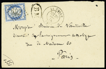 N°60 OBL GC 692 + T17 "La Colle (87)" (1875) + "BM" dans un ovale sur une petite lettre. TB