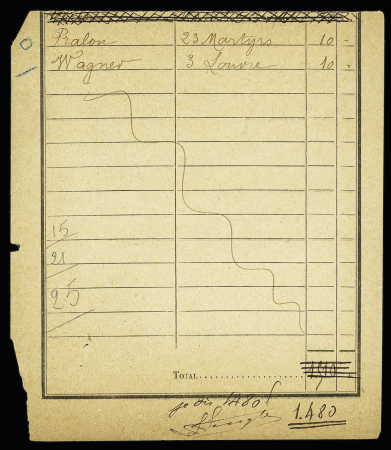 Taxe n°15 en paire + 21 (def) + 40 en bande de 4 OBL CAD bleu "Paris recouvrements" (1892) sur demi-bordereau de valeurs à recouvrer. TB