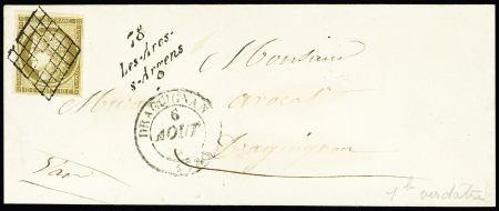 N°1 10c bistre, OBL grille + T14 Draguignan Var+ cursive "78 Les Arcs-s-Argens" sur lettre. TB