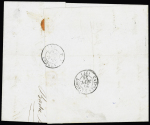 N°13 10c bistre-orange en paire (l'ex de gauche légèrement touché, grand coin de feuille OBL PC 3615 + T22 Villemur-s-Agout (77)" Tarn (1856) sur lettre avec boire rurale "E" (Semalens). Spectaculaire et TB