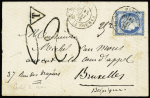 N°60 OBL CAD "Paris PL de la Bourse" (mai 76) sur lettre pour Bruxelles avec taxe tampon façon manuscrite "025". TB