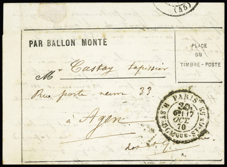 Formule pour Ballon monté pour Agen avec CAD taxe "30c Paris R. St DOMque St Gn 53" (17 oct 70), arrivée 22 oct (Le Victor Hugo). TB