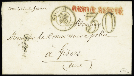 Rare griffe rouge "REBUT REJETE" sur lettre 1857 du